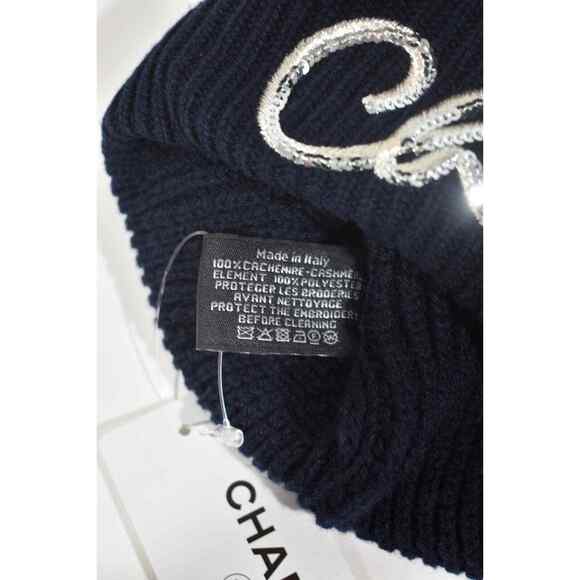 Chanel 22A Cashmere Navy Blue Silver Sequin CC Logo Beanie Winter Hat Cap Cloche - Picture 10 of 10